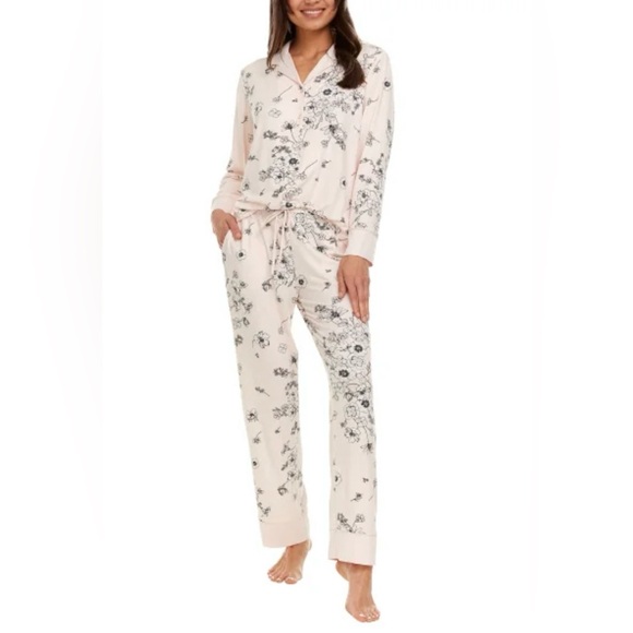 Flora Nikrooz Women’s Satin Trim Notch Collar Pink Floral PJs Size XL - Picture 1 of 8